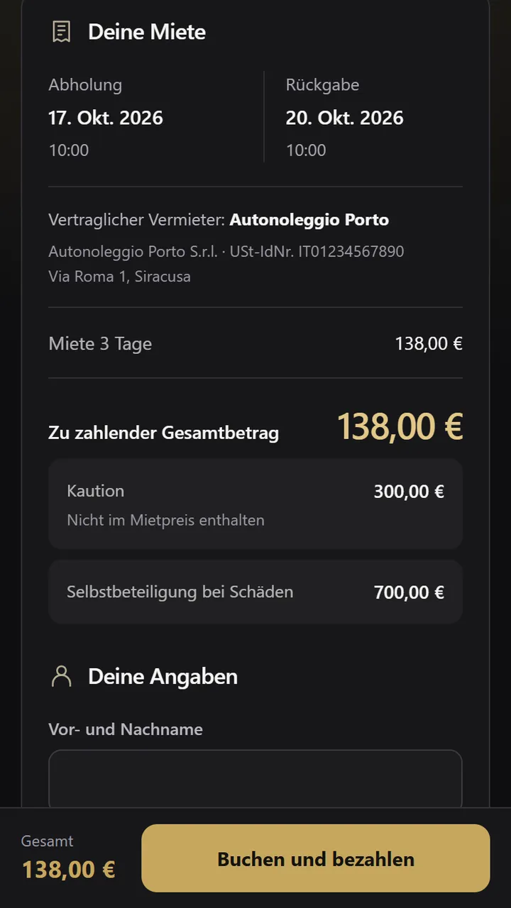 Zahlungsübersicht mit den gewählten Bedingungen