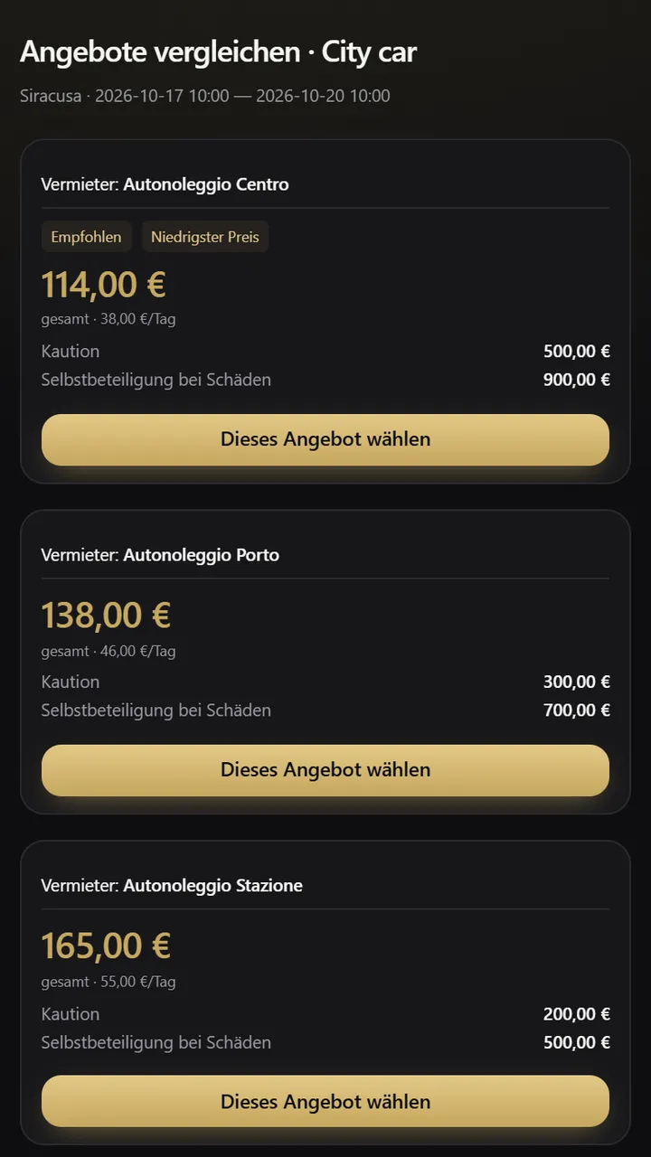 Angebotsvergleich auf Fazen mit Gesamtpreis, Kaution und Selbstbeteiligung