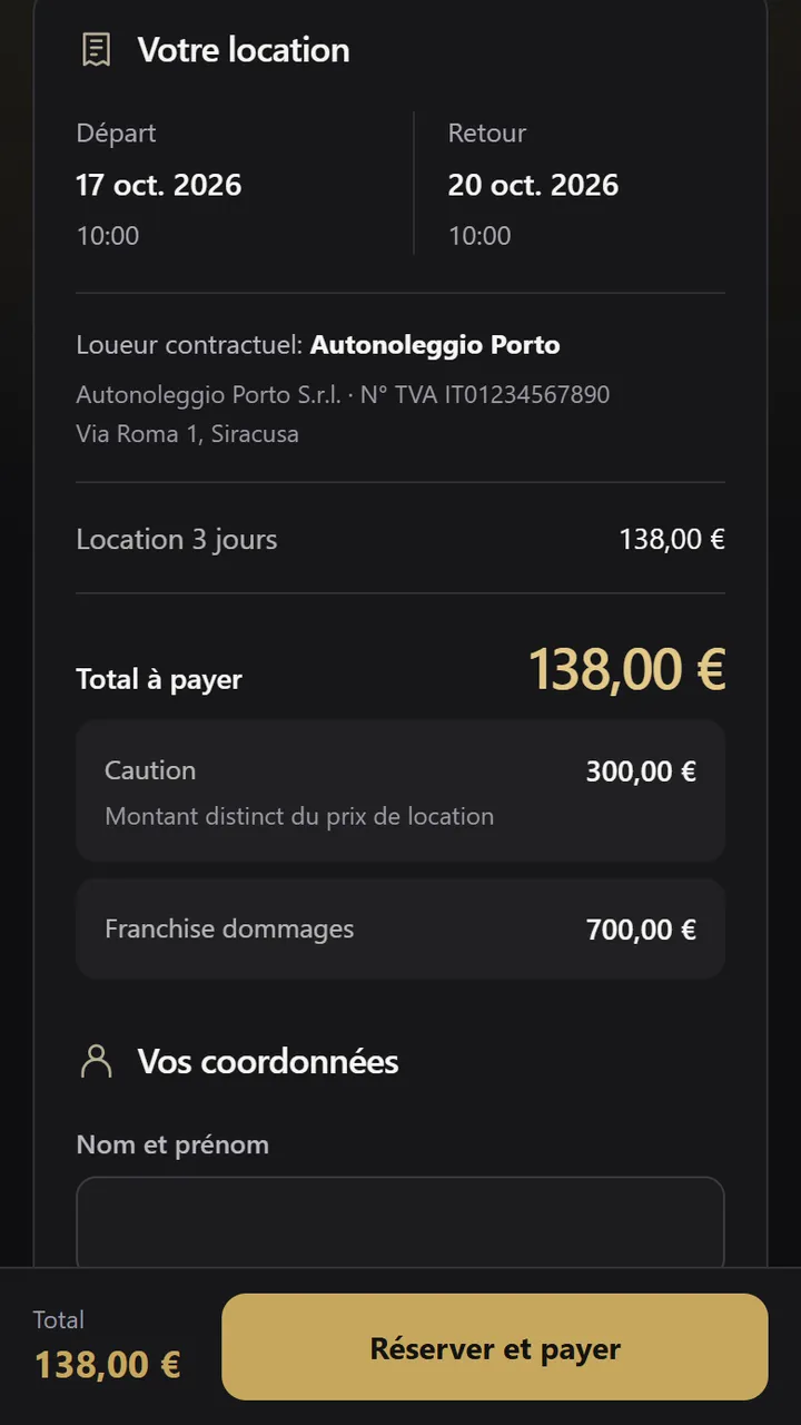 Récapitulatif du paiement avec les conditions choisies