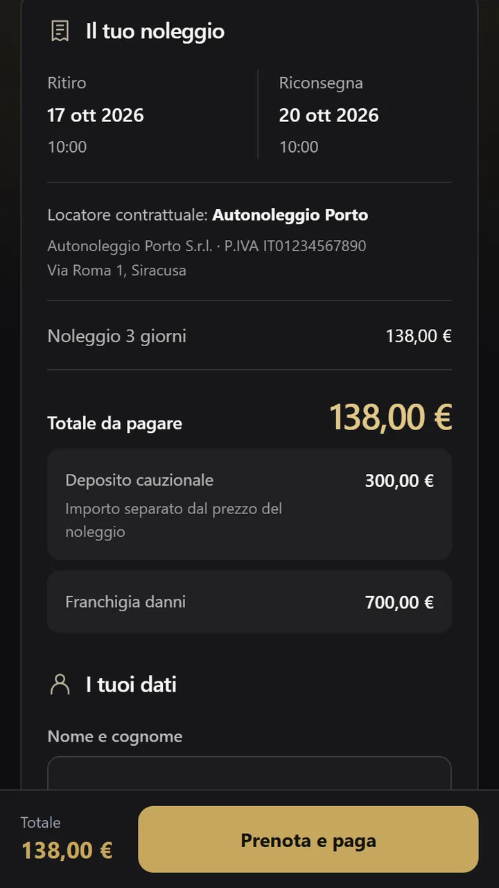 Riepilogo del pagamento con le condizioni scelte